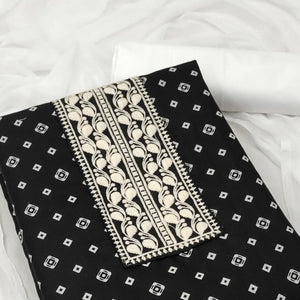 Black Printed With Embroidered Cotton Blend Dress Material - Peachmode