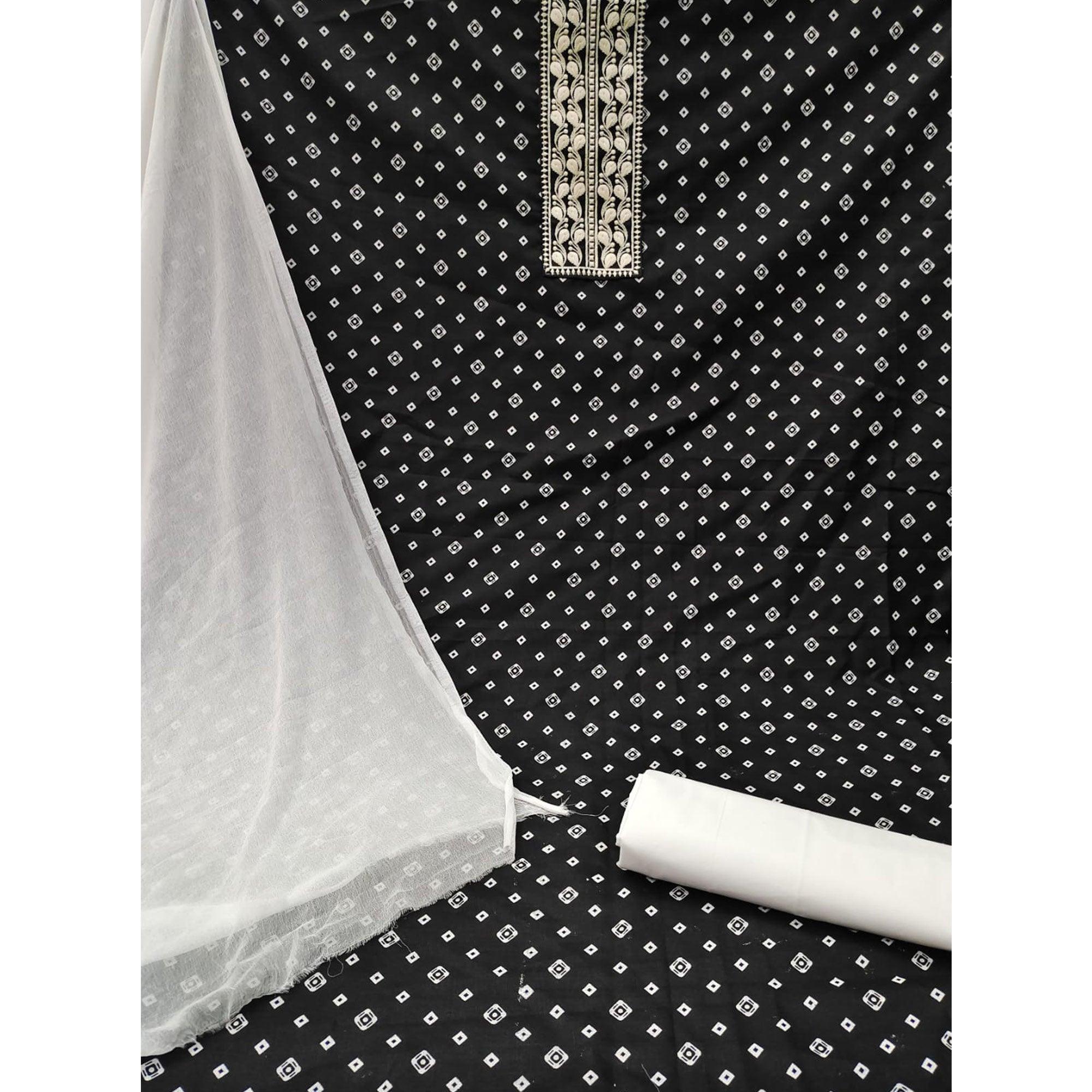 Black Printed With Embroidered Cotton Blend Dress Material - Peachmode