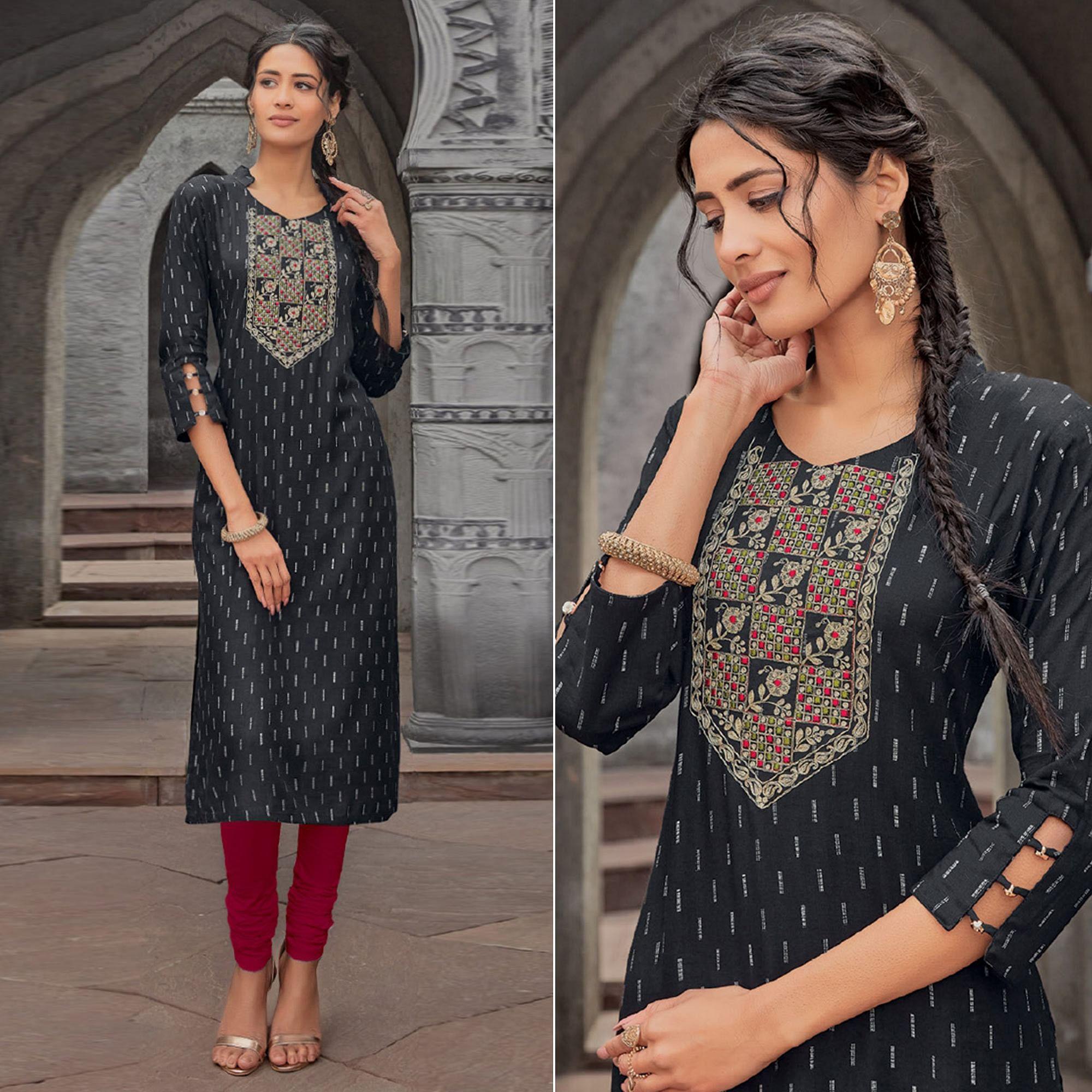 Black Printed With Embroidered Pure Cotton Kurti - Peachmode