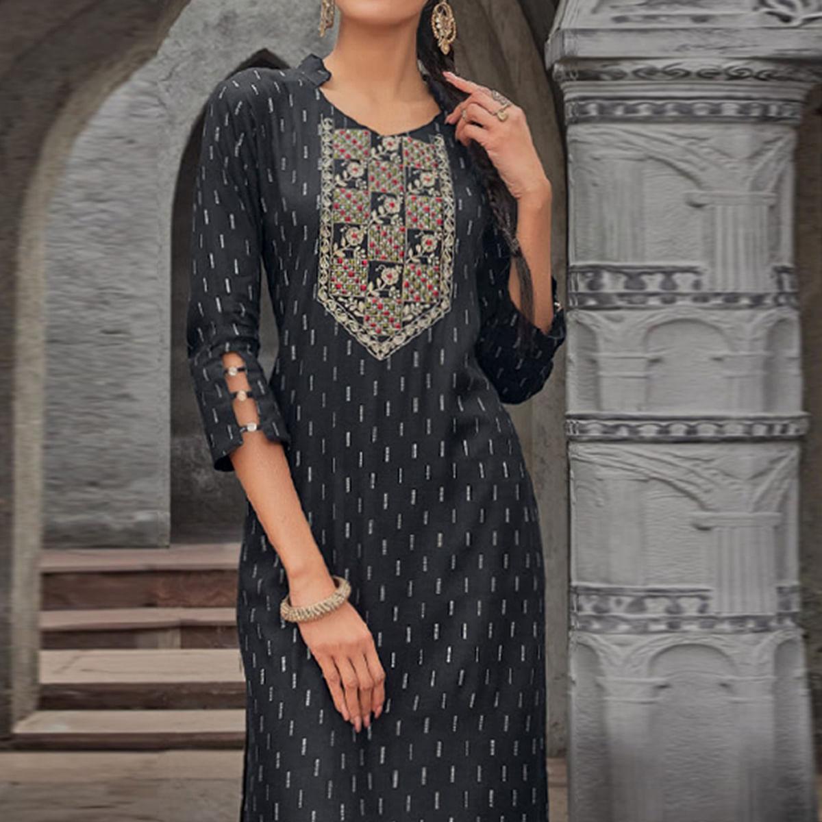 Black Printed With Embroidered Pure Cotton Kurti - Peachmode