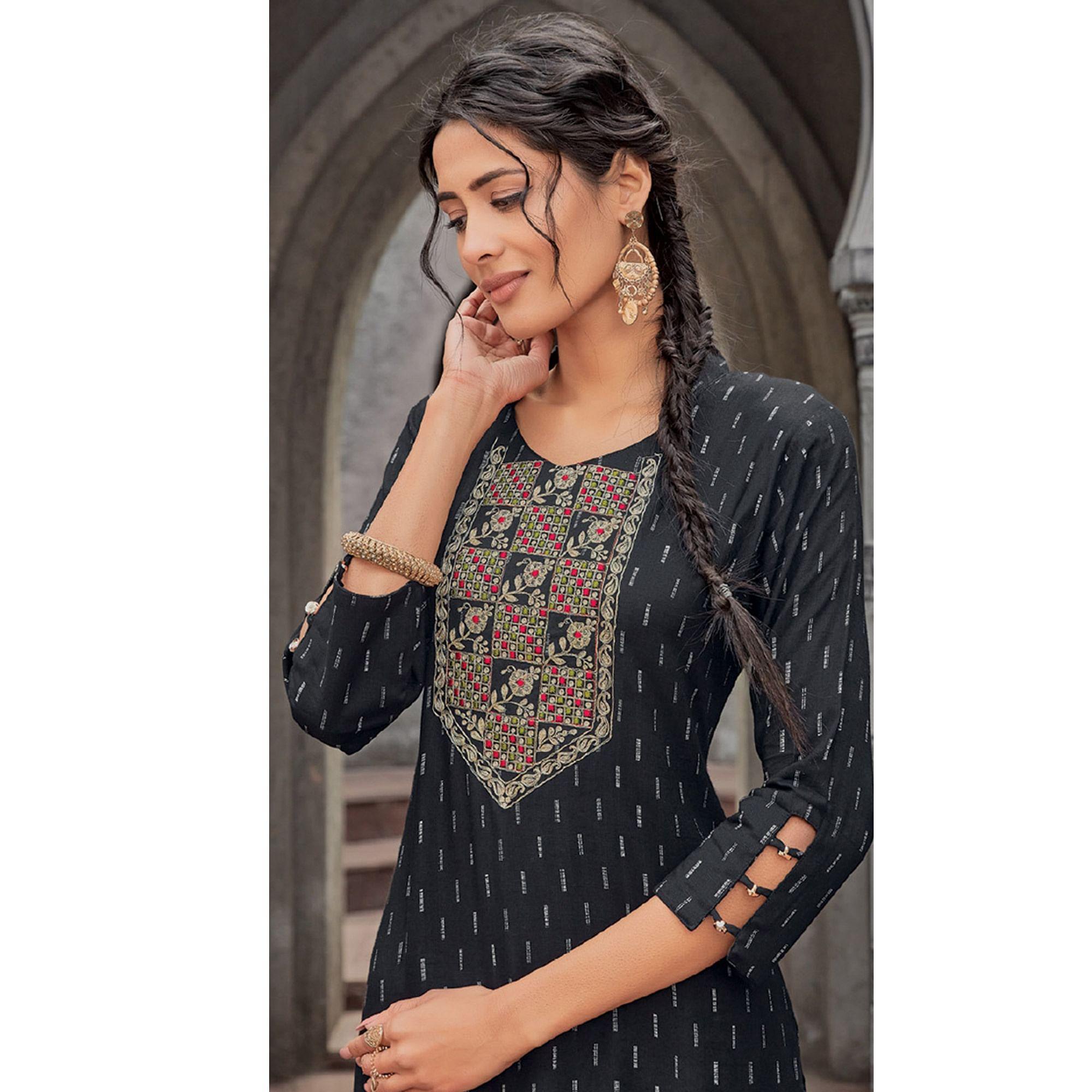 Black Printed With Embroidered Pure Cotton Kurti - Peachmode