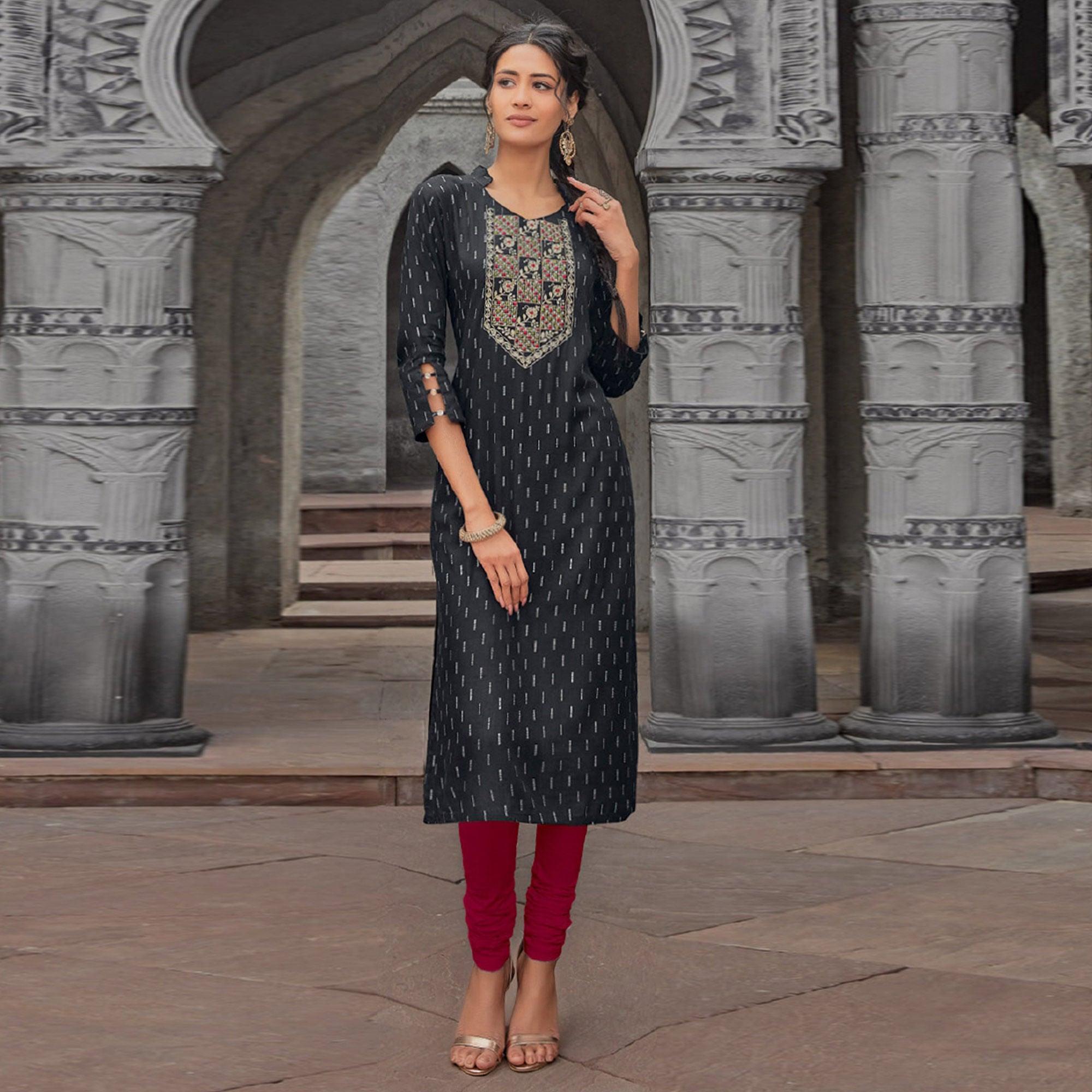 Black Printed With Embroidered Pure Cotton Kurti - Peachmode