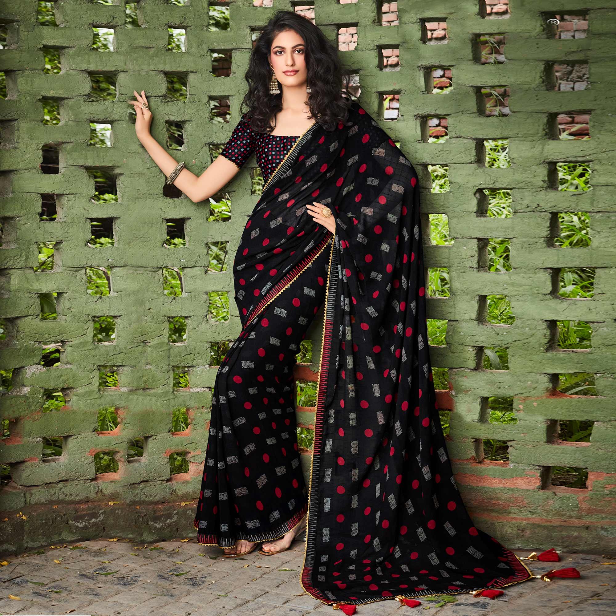 Black Printed With Gota Patti Border Georgette Saree - Peachmode