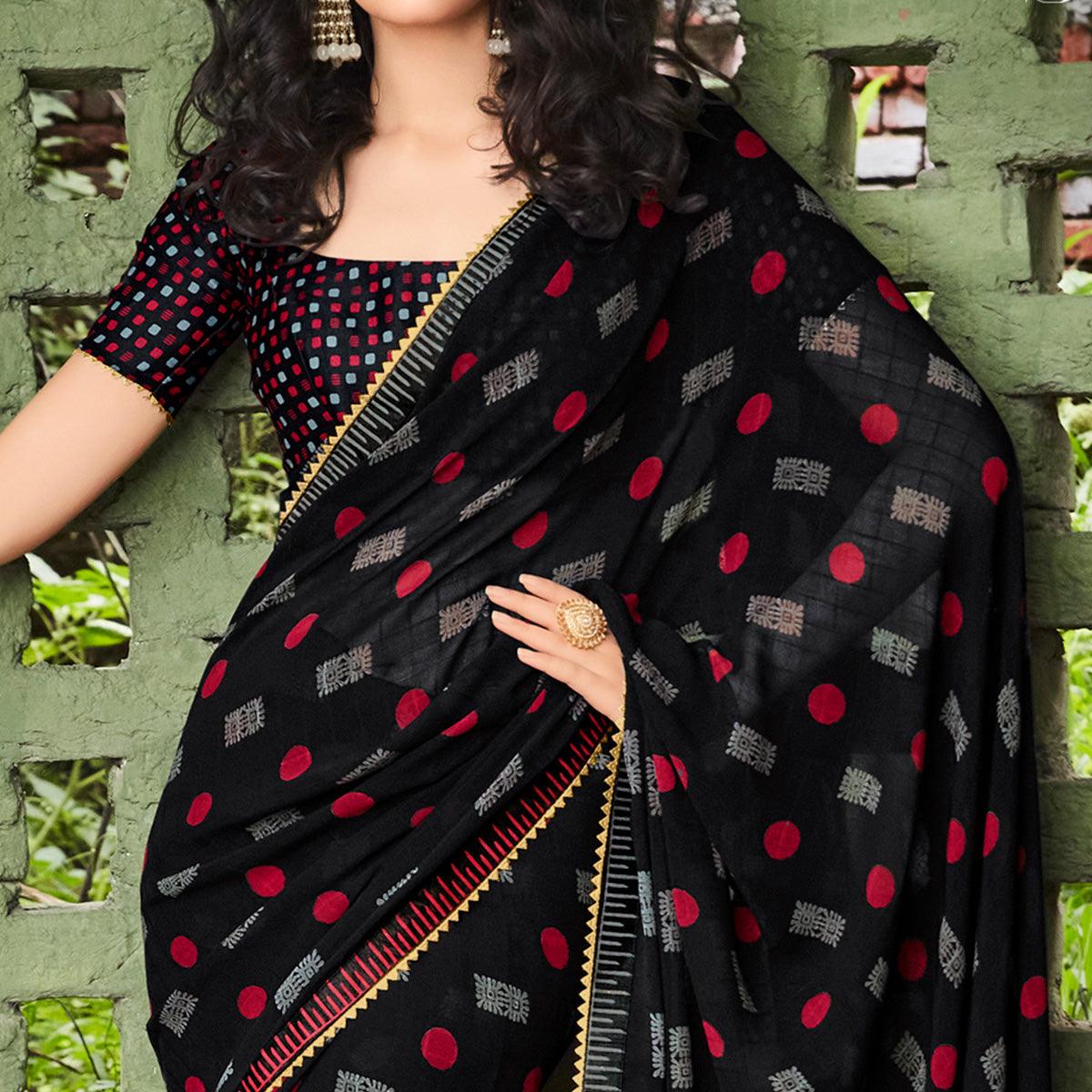 Black Printed With Gota Patti Border Georgette Saree - Peachmode