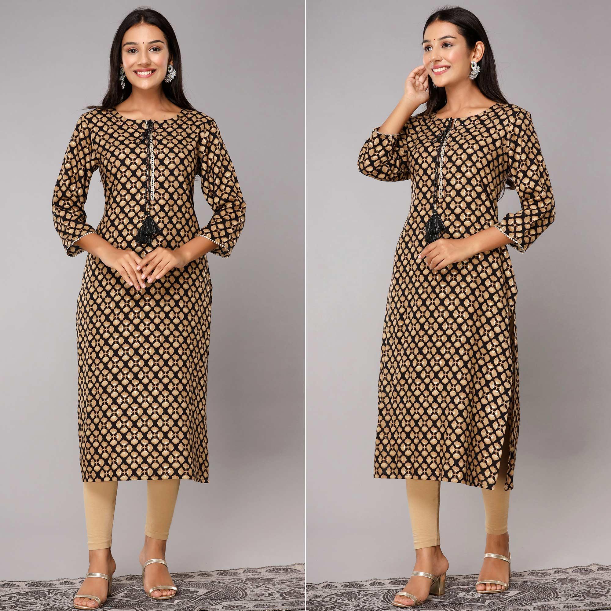 Black Printed With Gota Patti Work Pure Cotton Kurti - Peachmode