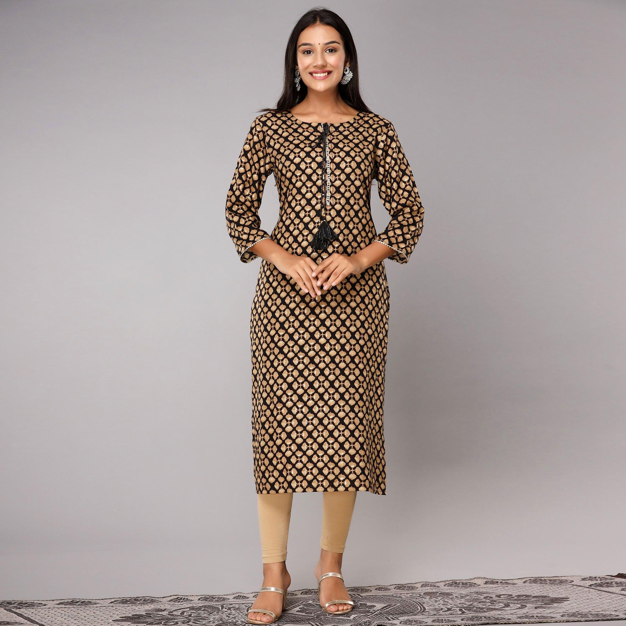 Black Printed With Gota Patti Work Pure Cotton Kurti - Peachmode