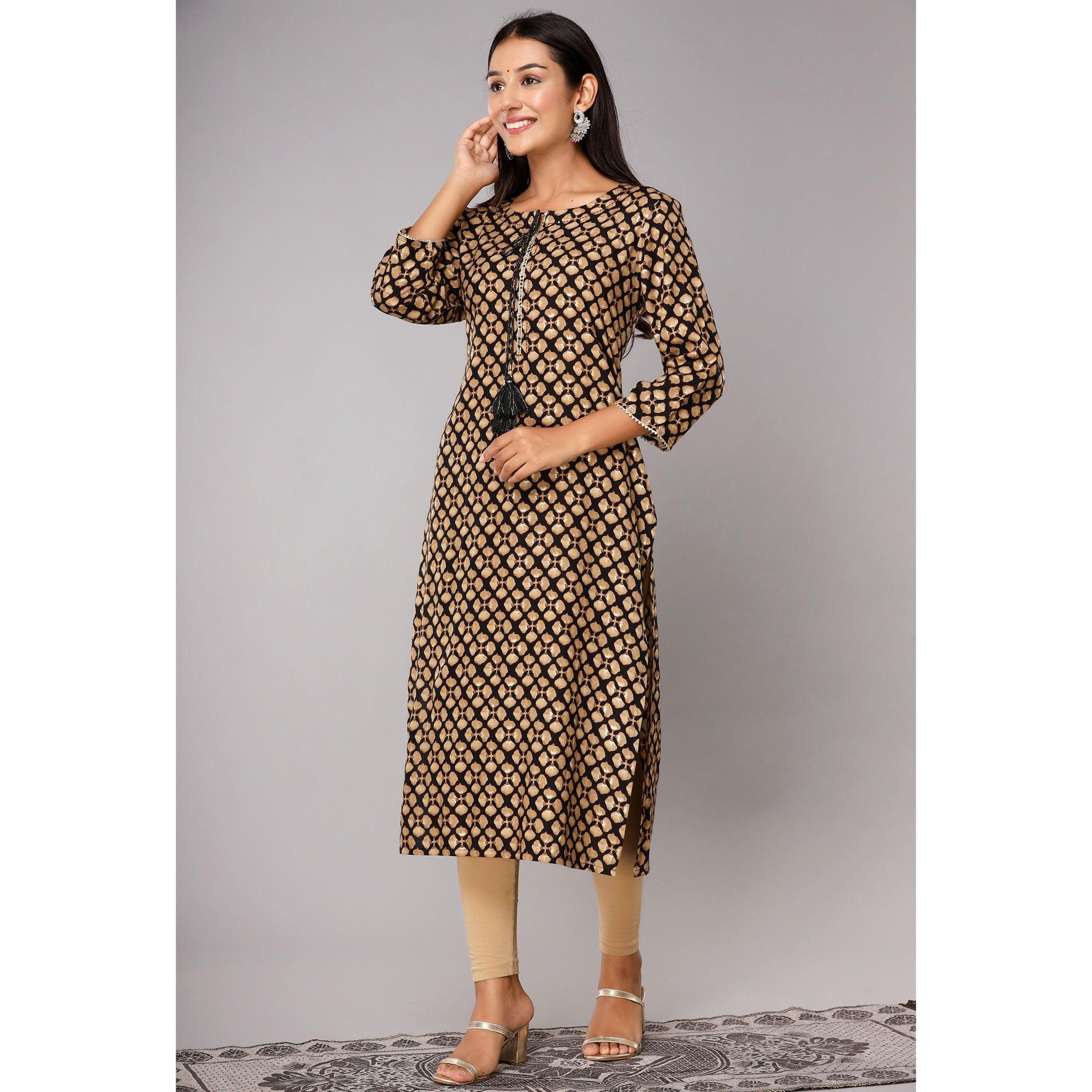 Black Printed With Gota Patti Work Pure Cotton Kurti - Peachmode