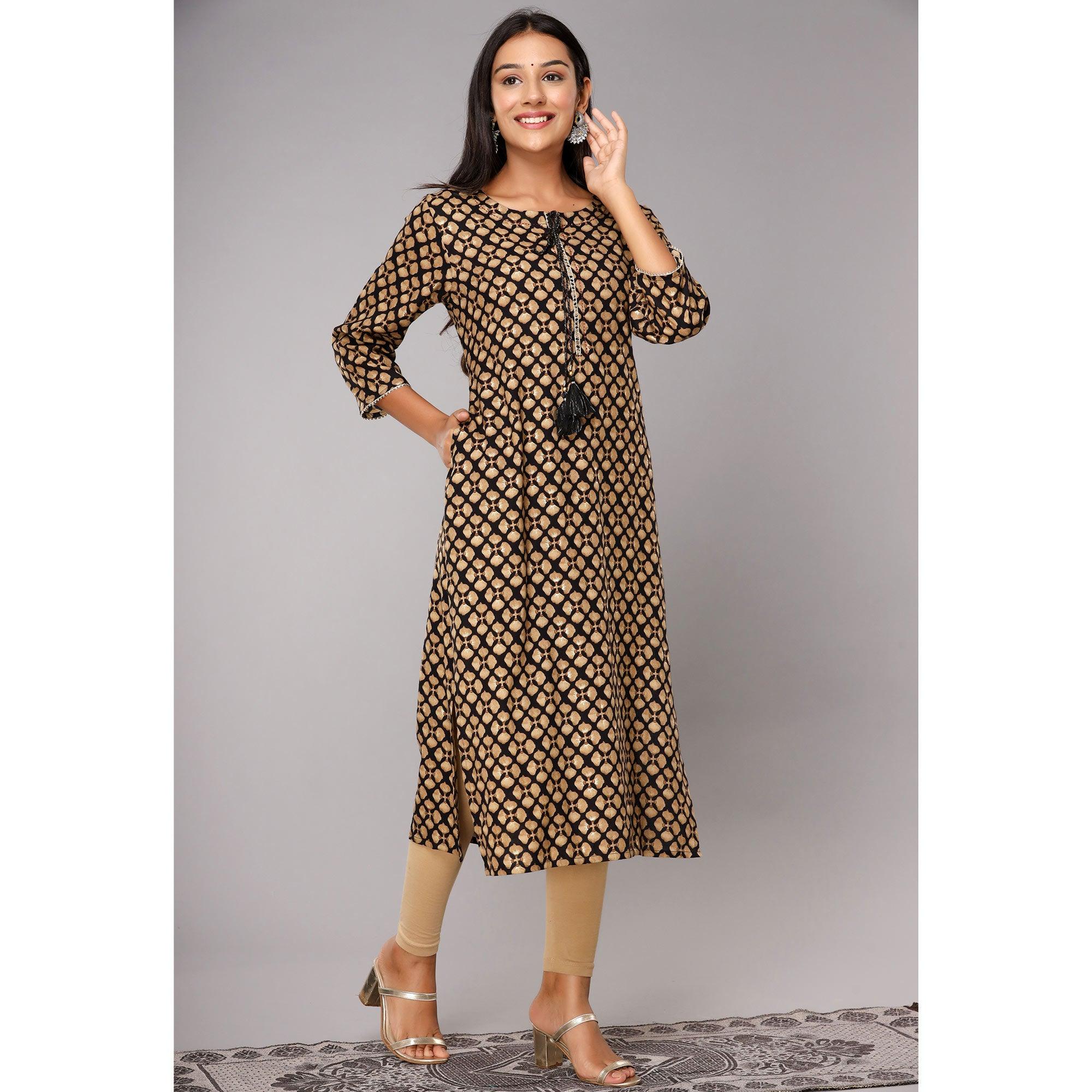 Black Printed With Gota Patti Work Pure Cotton Kurti - Peachmode