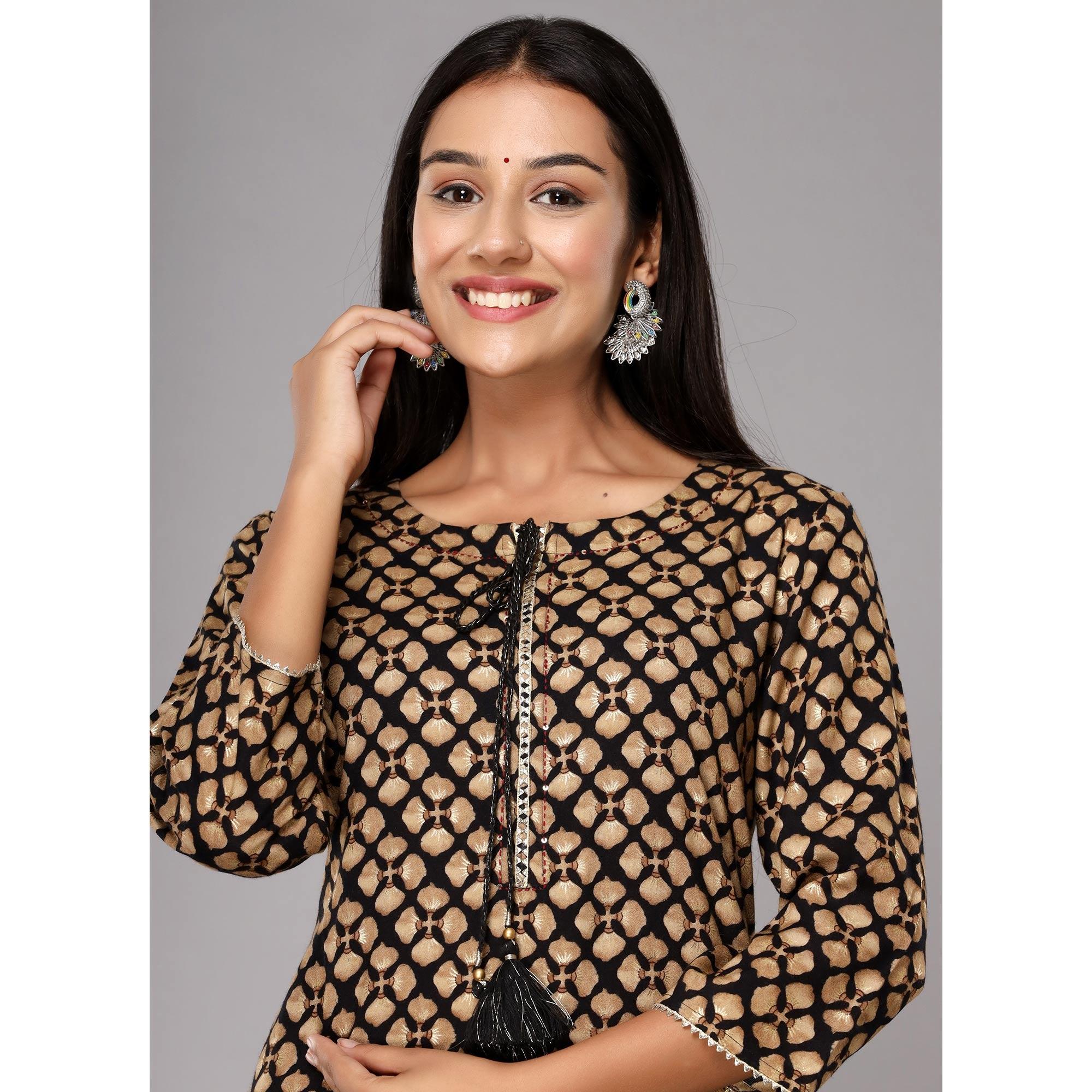 Black Printed With Gota Patti Work Pure Cotton Kurti - Peachmode