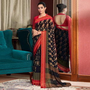 Black Printed With Swarovski Work Georgette Saree - Peachmode