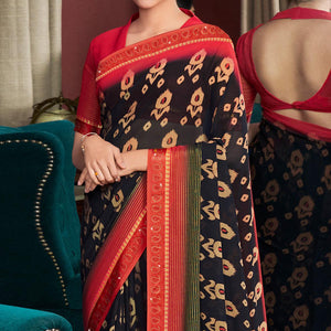 Black Printed With Swarovski Work Georgette Saree - Peachmode