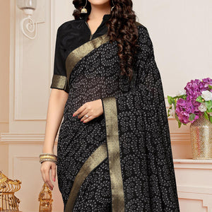 Black Printed With Woven Border Georgette Saree - Peachmode
