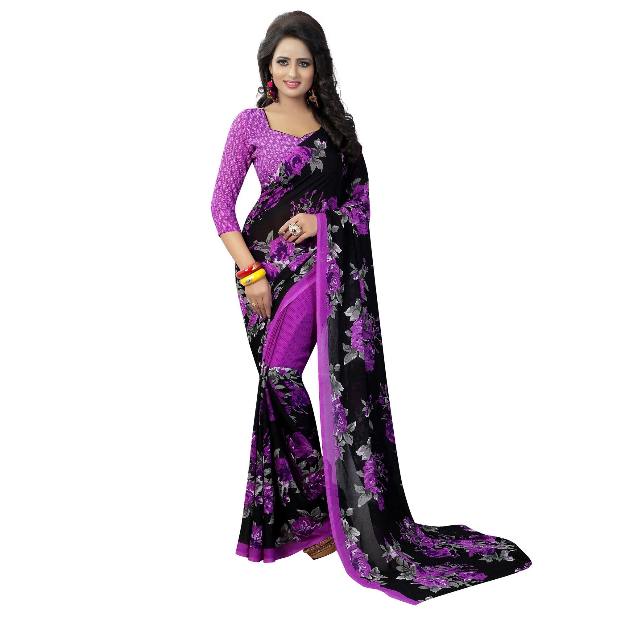 Black-Purple Casual Wear Printed Georgette Saree - Peachmode