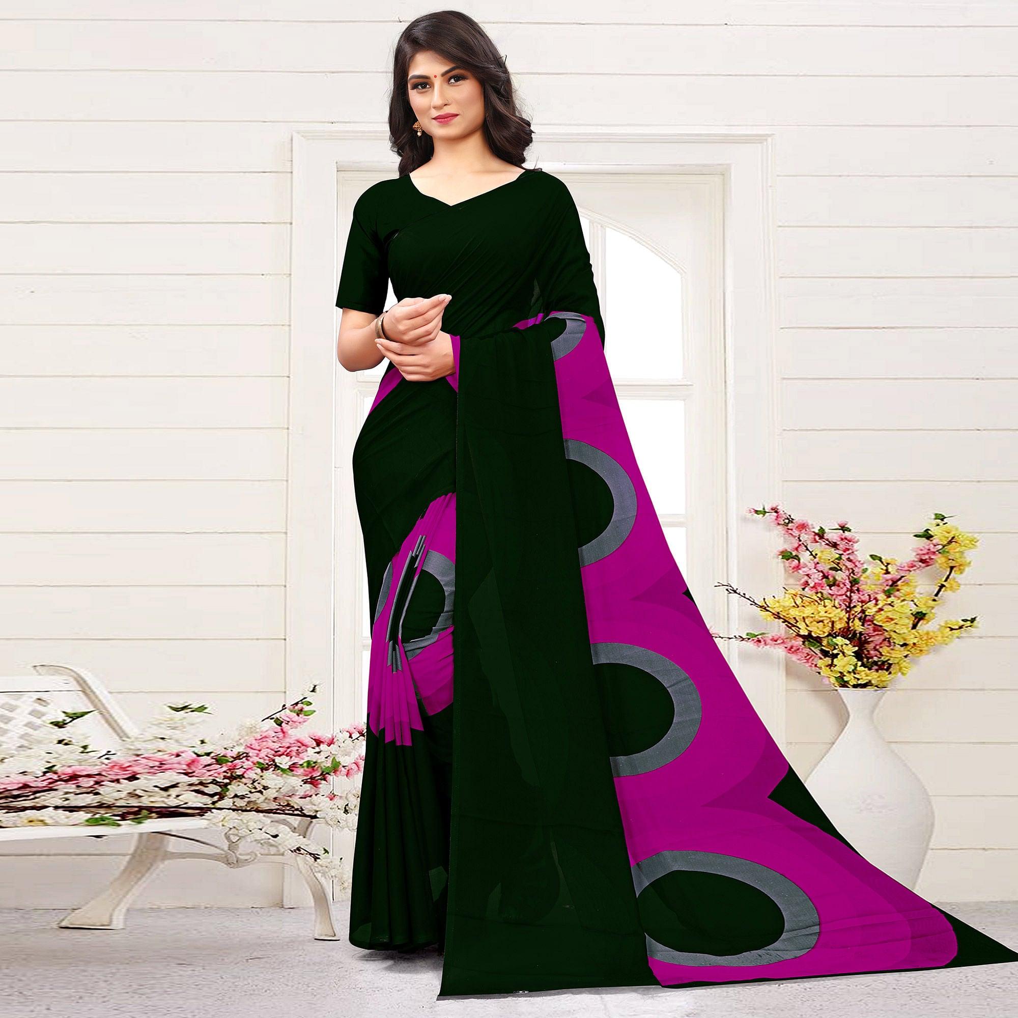 Black-Purple Casual Wear Printed Georgette Saree - Peachmode