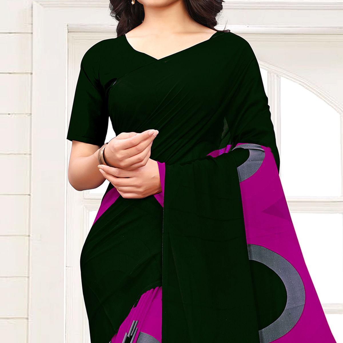 Black-Purple Casual Wear Printed Georgette Saree - Peachmode