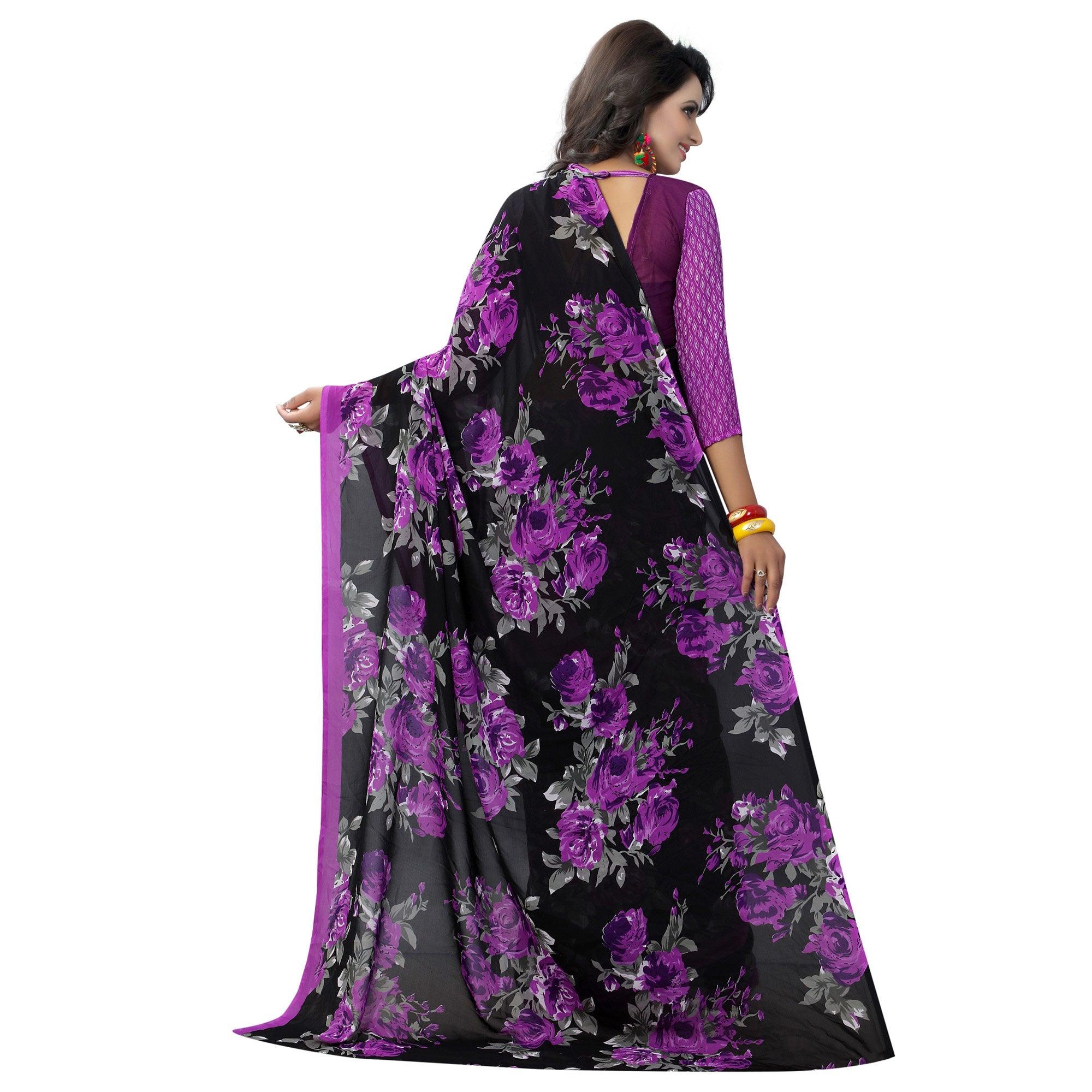 Black-Purple Casual Wear Printed Georgette Saree - Peachmode