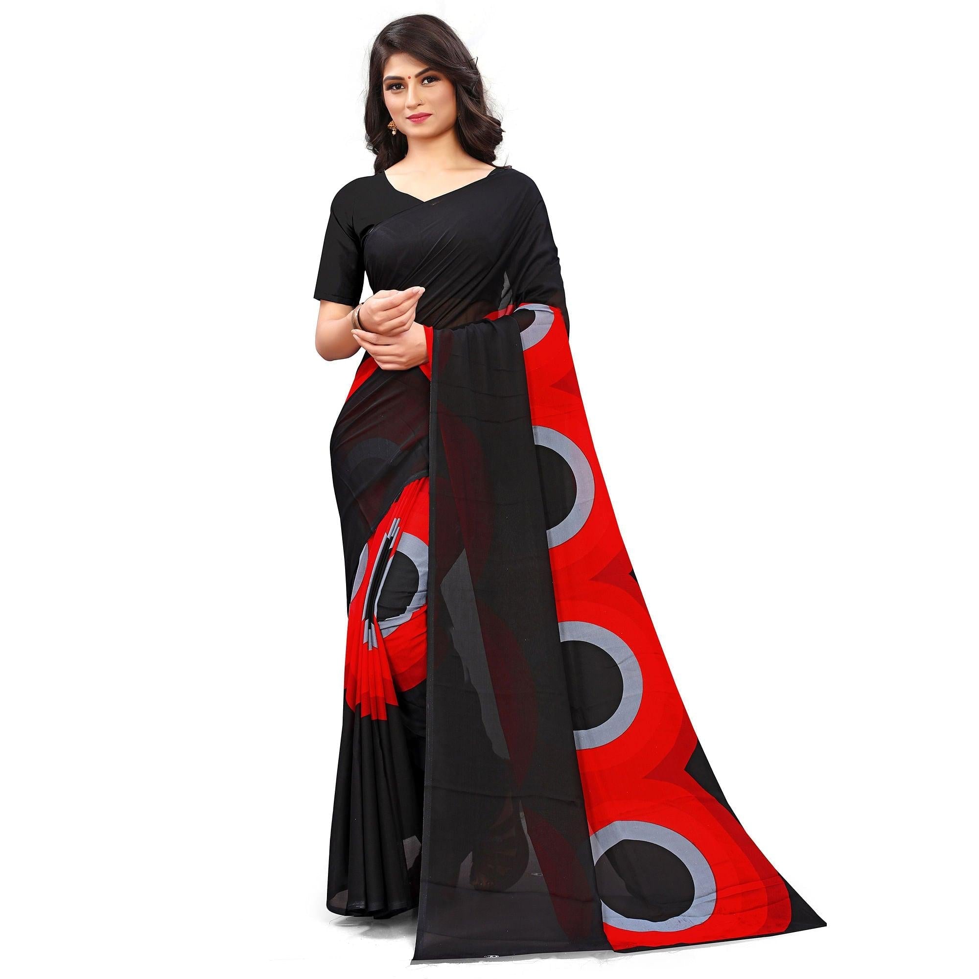 Black-Red Casual Wear Printed Georgette Saree - Peachmode