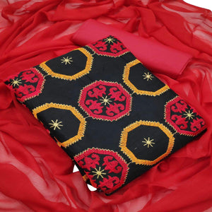 Black - Red Embroidered Chanderi Dress Material - Peachmode