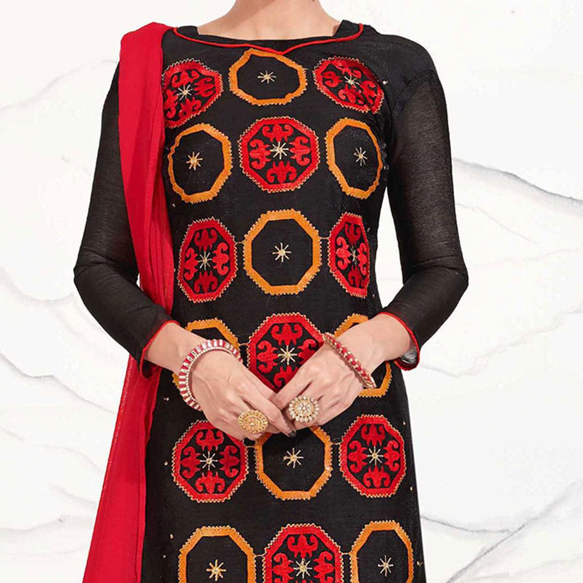 Black - Red Embroidered Chanderi Dress Material - Peachmode