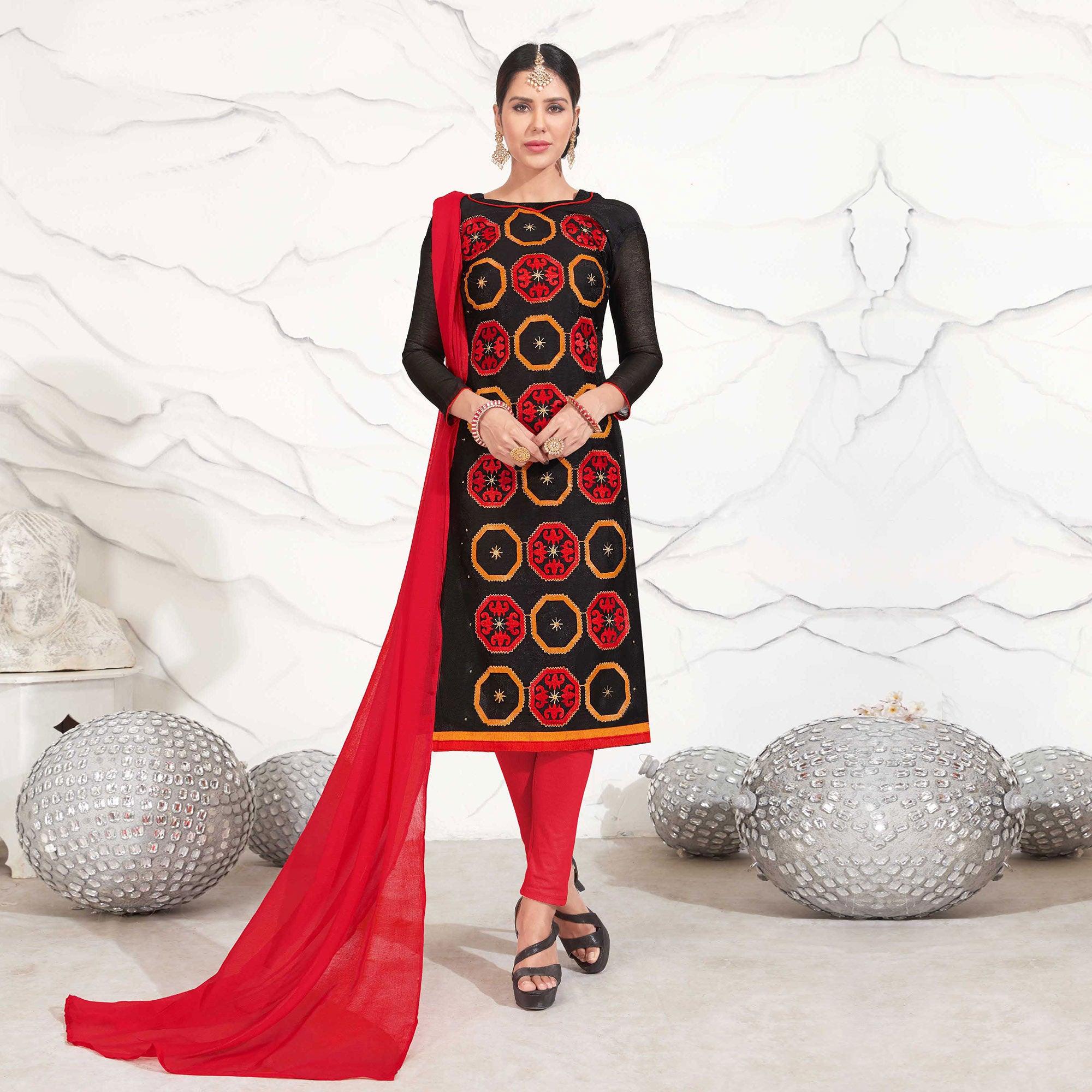 Black - Red Embroidered Chanderi Dress Material - Peachmode