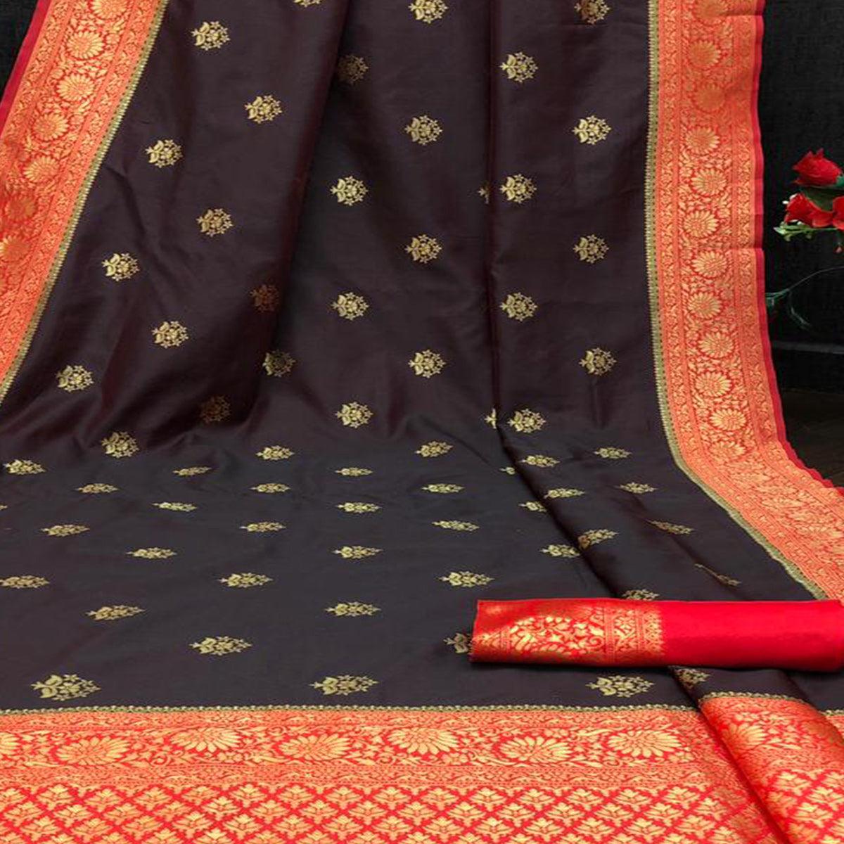 Black-Red Festive Wear Woven Floral Designer Border Soft Lichi Silk Saree - Peachmode