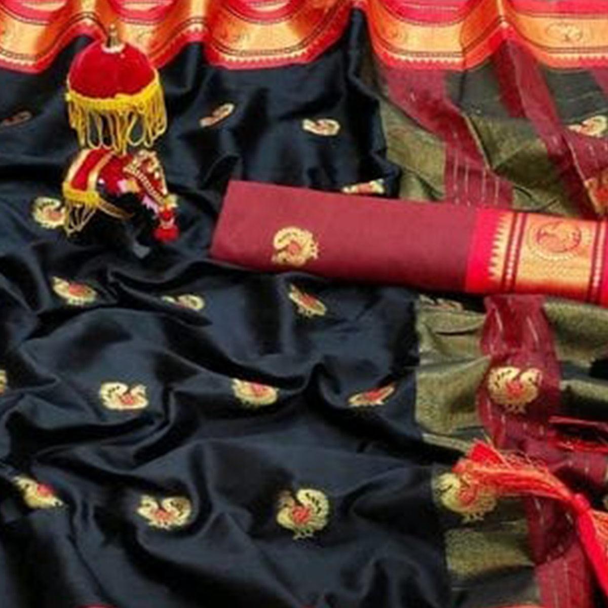 Black - Red Festive Wear Woven Soft Cotton Saree With Border - Peachmode