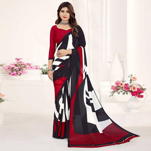 Black-Red Geometric Printed Georgette Saree - Peachmode