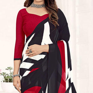 Black-Red Geometric Printed Georgette Saree - Peachmode