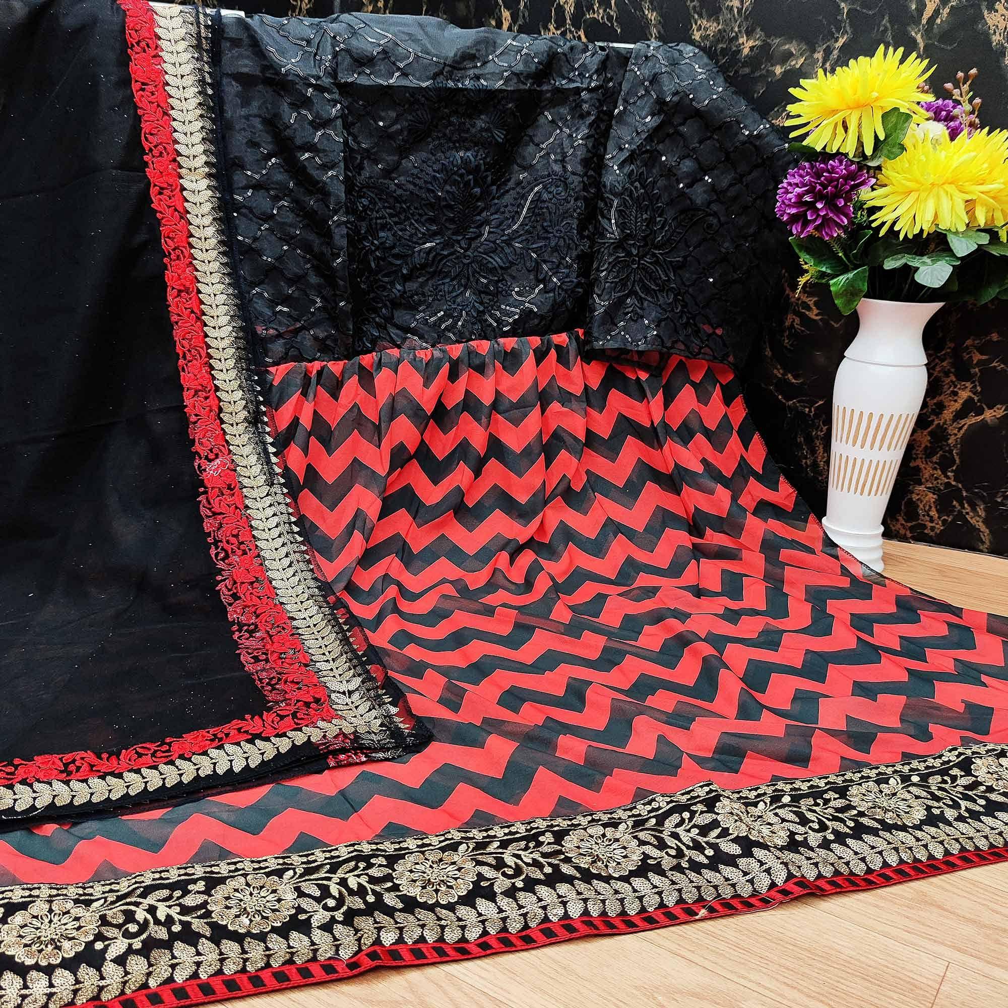 Black - Red Partywear Digital Printed Heavy Georgette Pakistani Style Suit - Peachmode