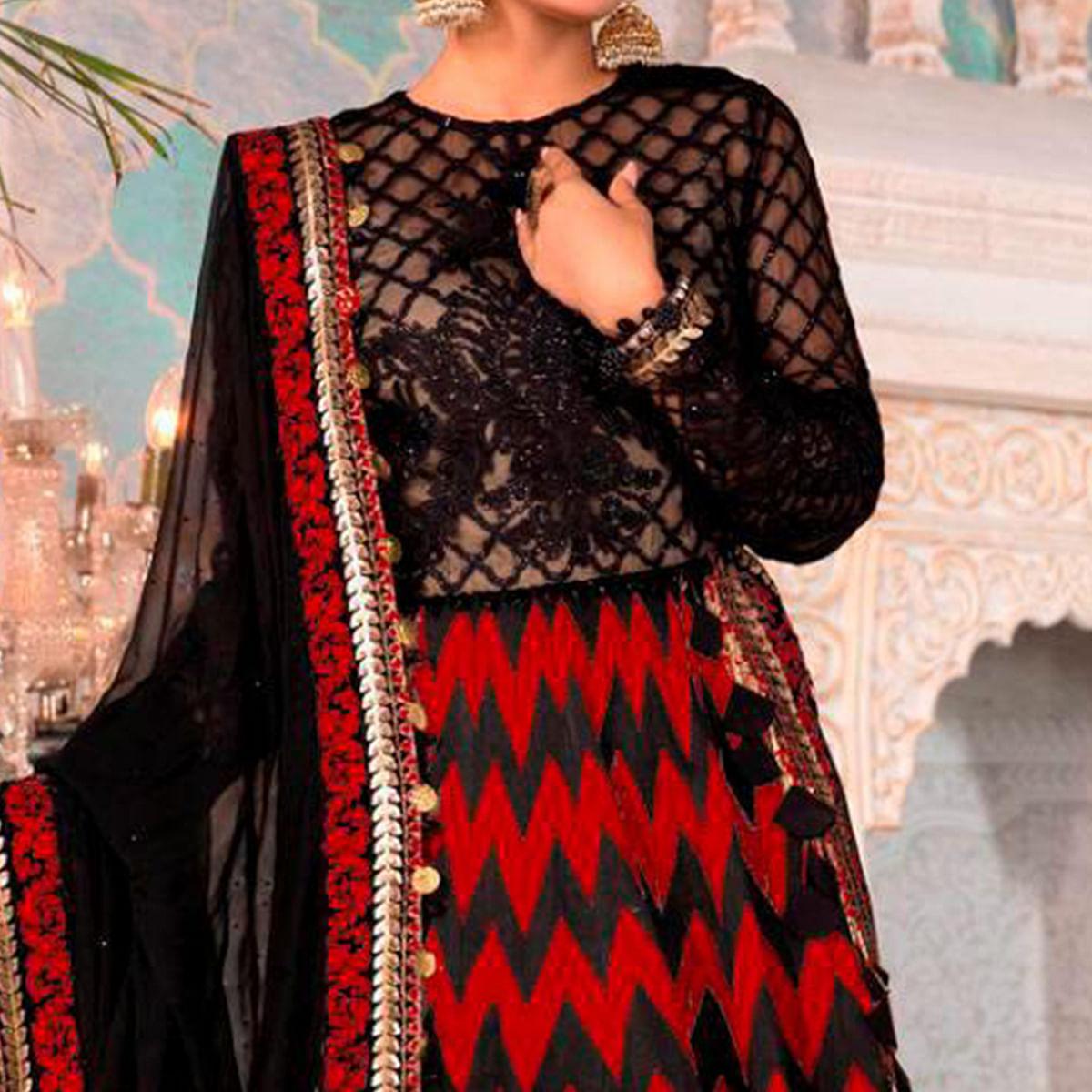 Black - Red Partywear Digital Printed Heavy Georgette Pakistani Style Suit - Peachmode