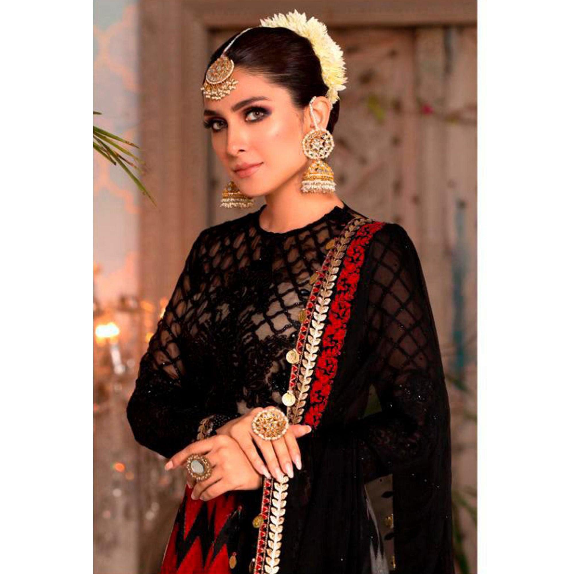 Black - Red Partywear Digital Printed Heavy Georgette Pakistani Style Suit - Peachmode