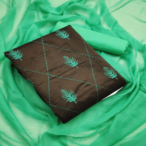 Black - Sea Green Embroidered Chanderi Dress Material - Peachmode