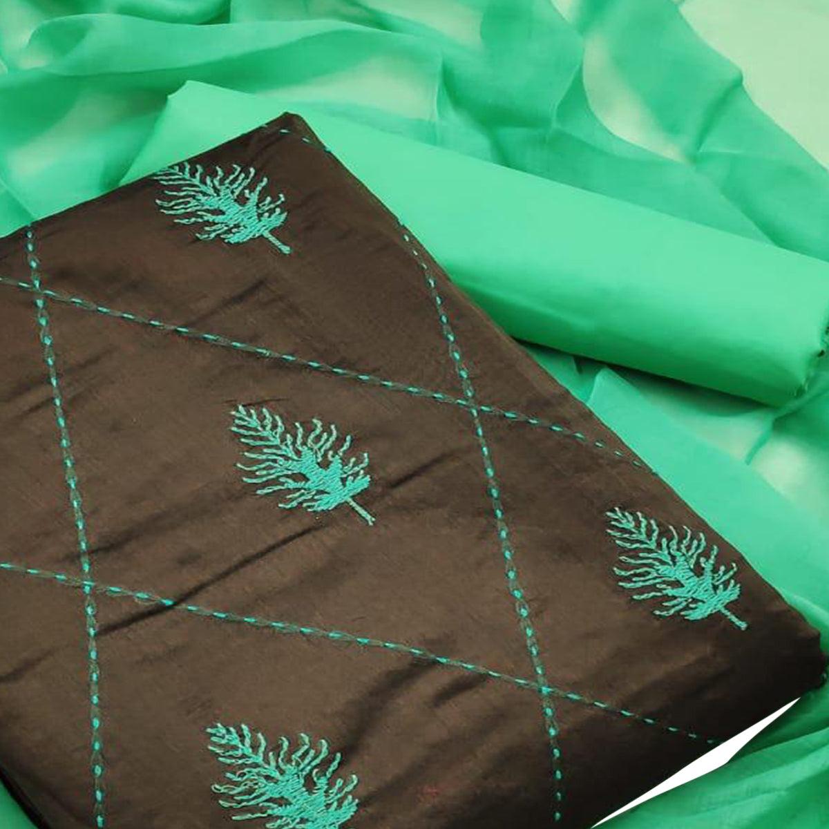 Black - Sea Green Embroidered Chanderi Dress Material - Peachmode