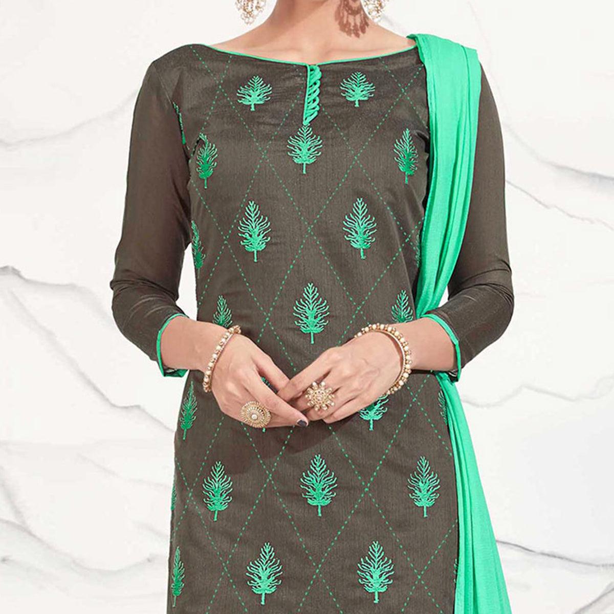 Black - Sea Green Embroidered Chanderi Dress Material - Peachmode