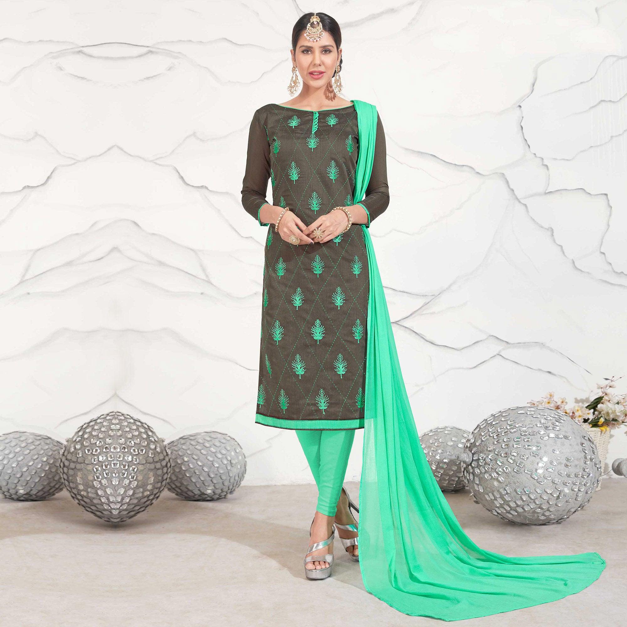 Black - Sea Green Embroidered Chanderi Dress Material - Peachmode