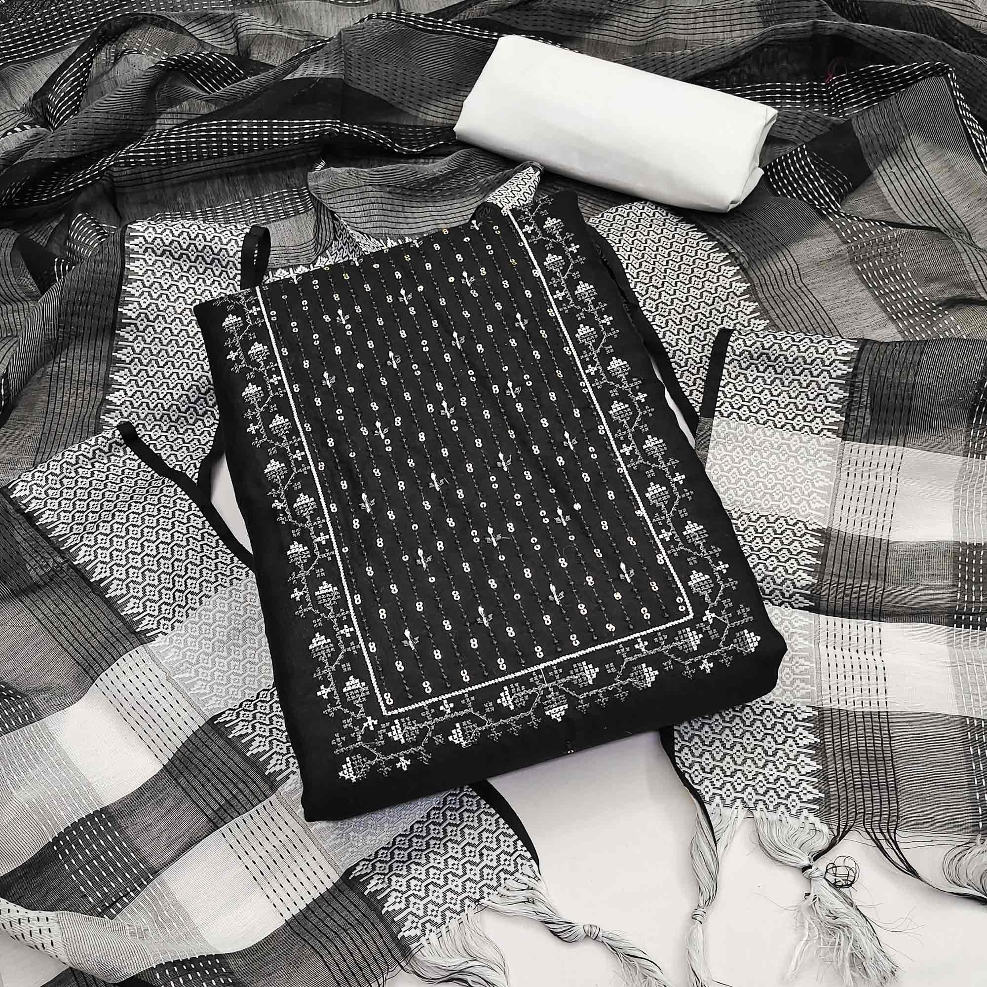 Black Sequence Embroidered Cotton Blend Dress Material - Peachmode