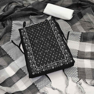 Black Sequence Embroidered Cotton Blend Dress Material - Peachmode