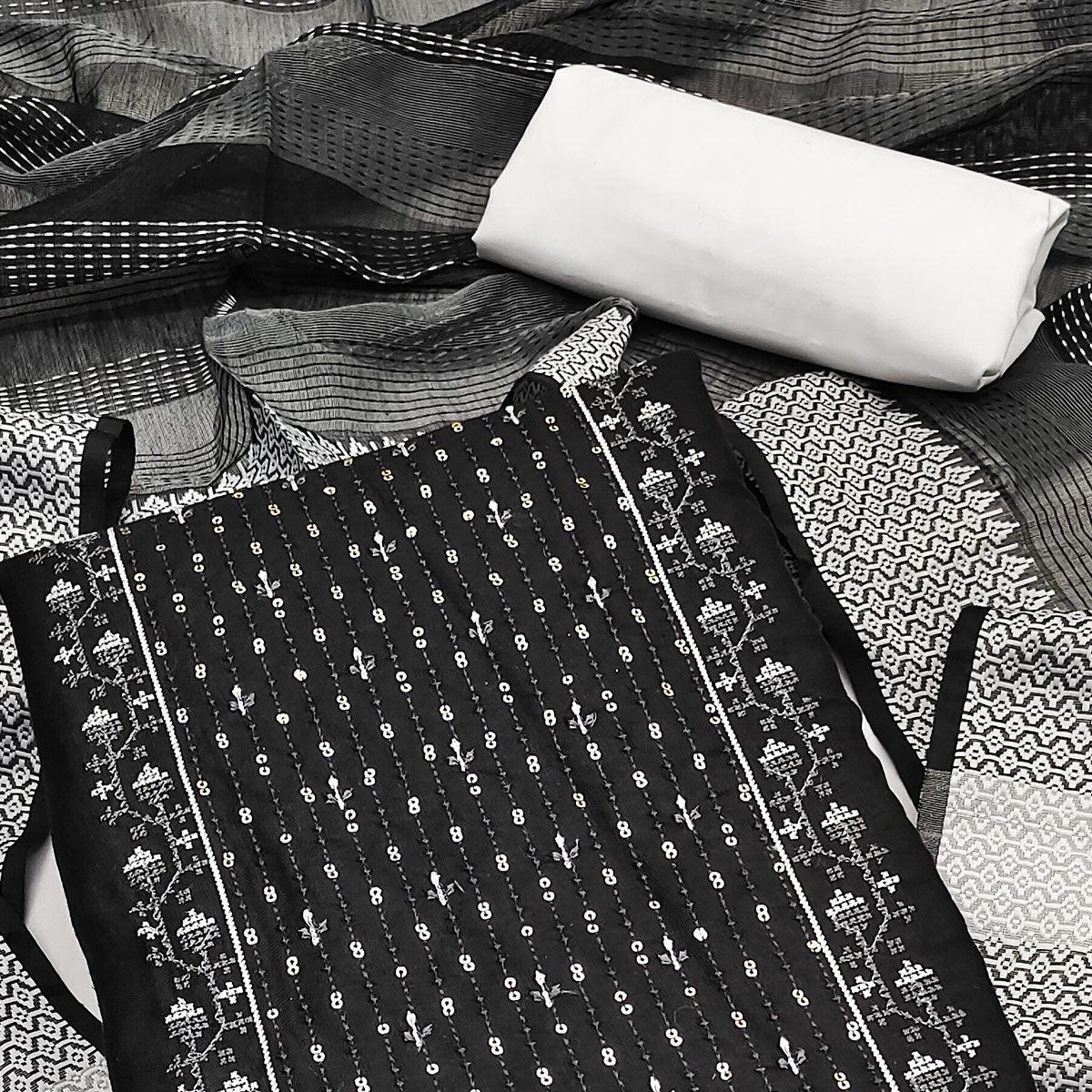 Black Sequence Embroidered Cotton Blend Dress Material - Peachmode