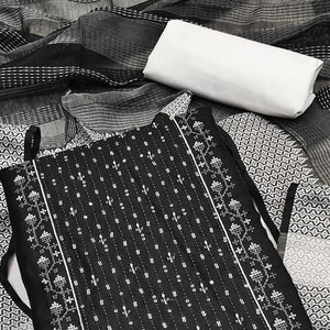 Black Sequence Embroidered Cotton Blend Dress Material - Peachmode