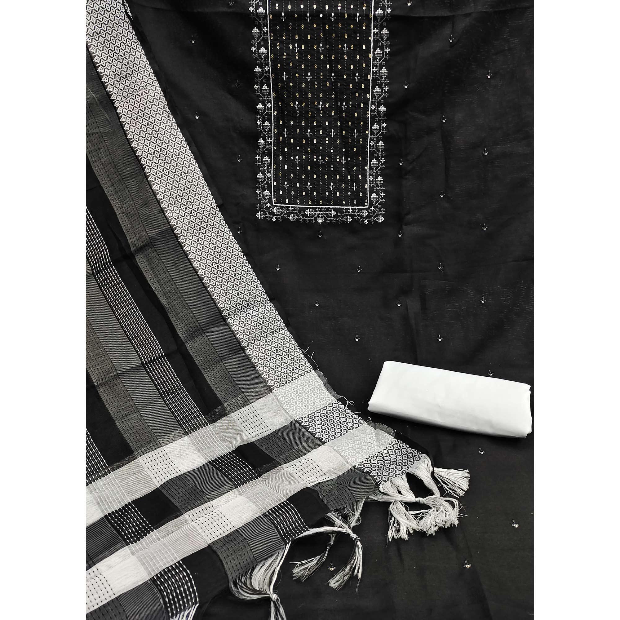 Black Sequence Embroidered Cotton Blend Dress Material - Peachmode