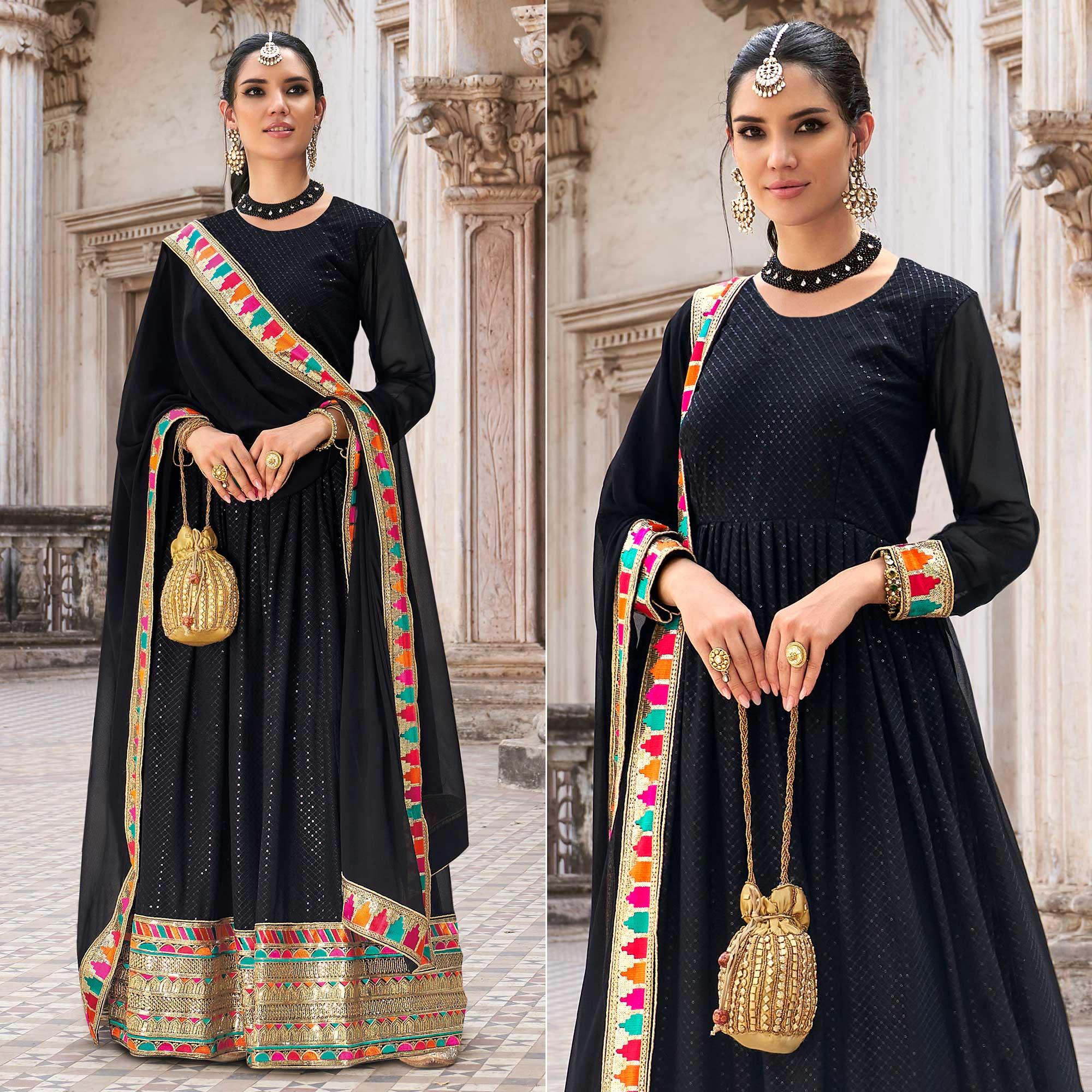 Black Sequence Embroidered Georgette Anarkali Suit - Peachmode