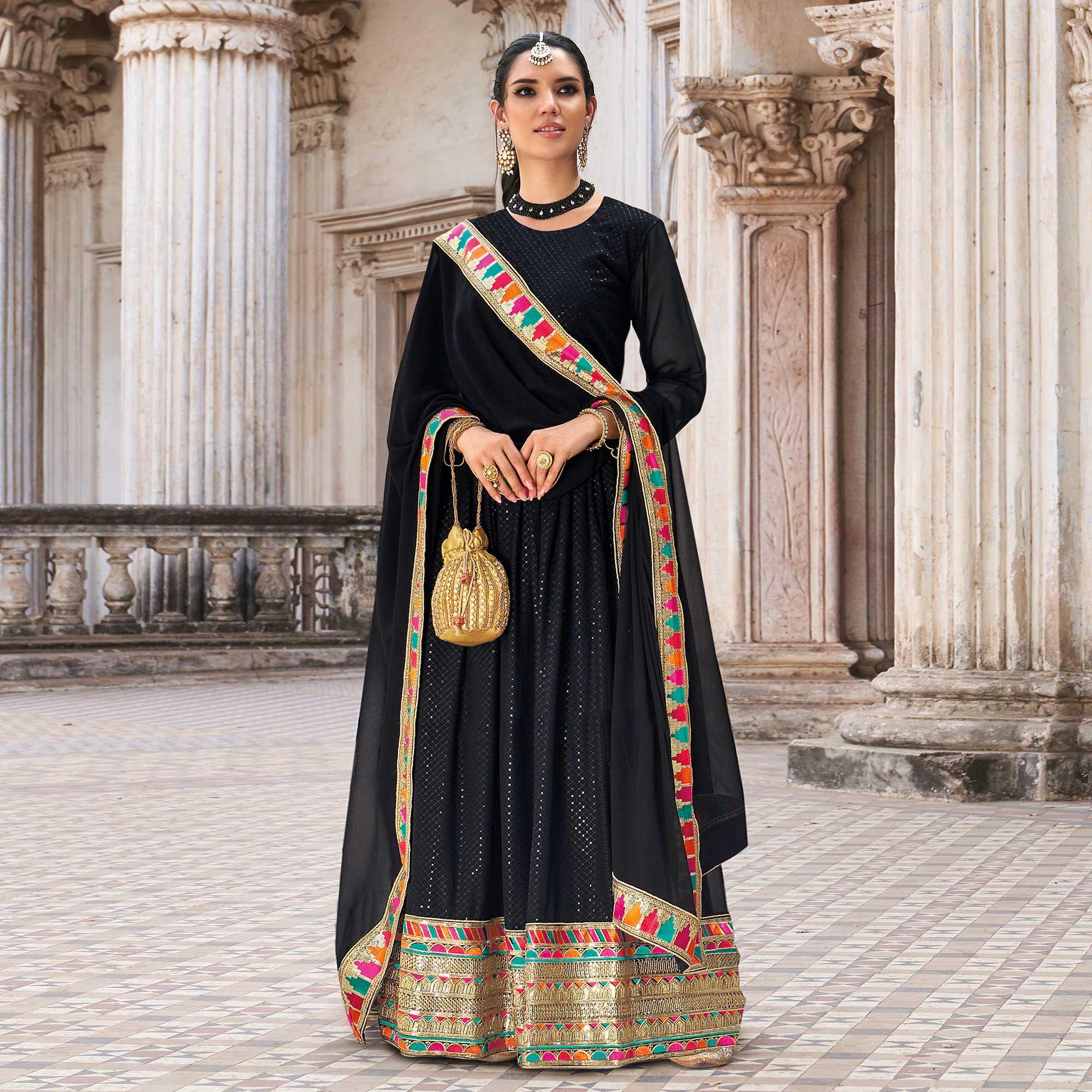 Black Sequence Embroidered Georgette Anarkali Suit - Peachmode