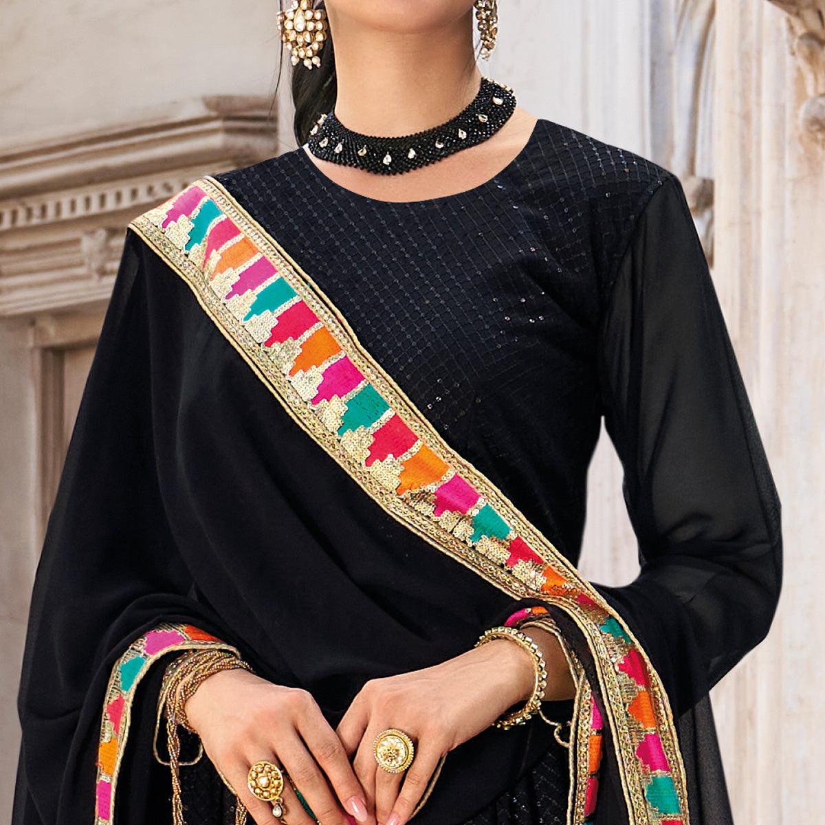 Black Sequence Embroidered Georgette Anarkali Suit - Peachmode