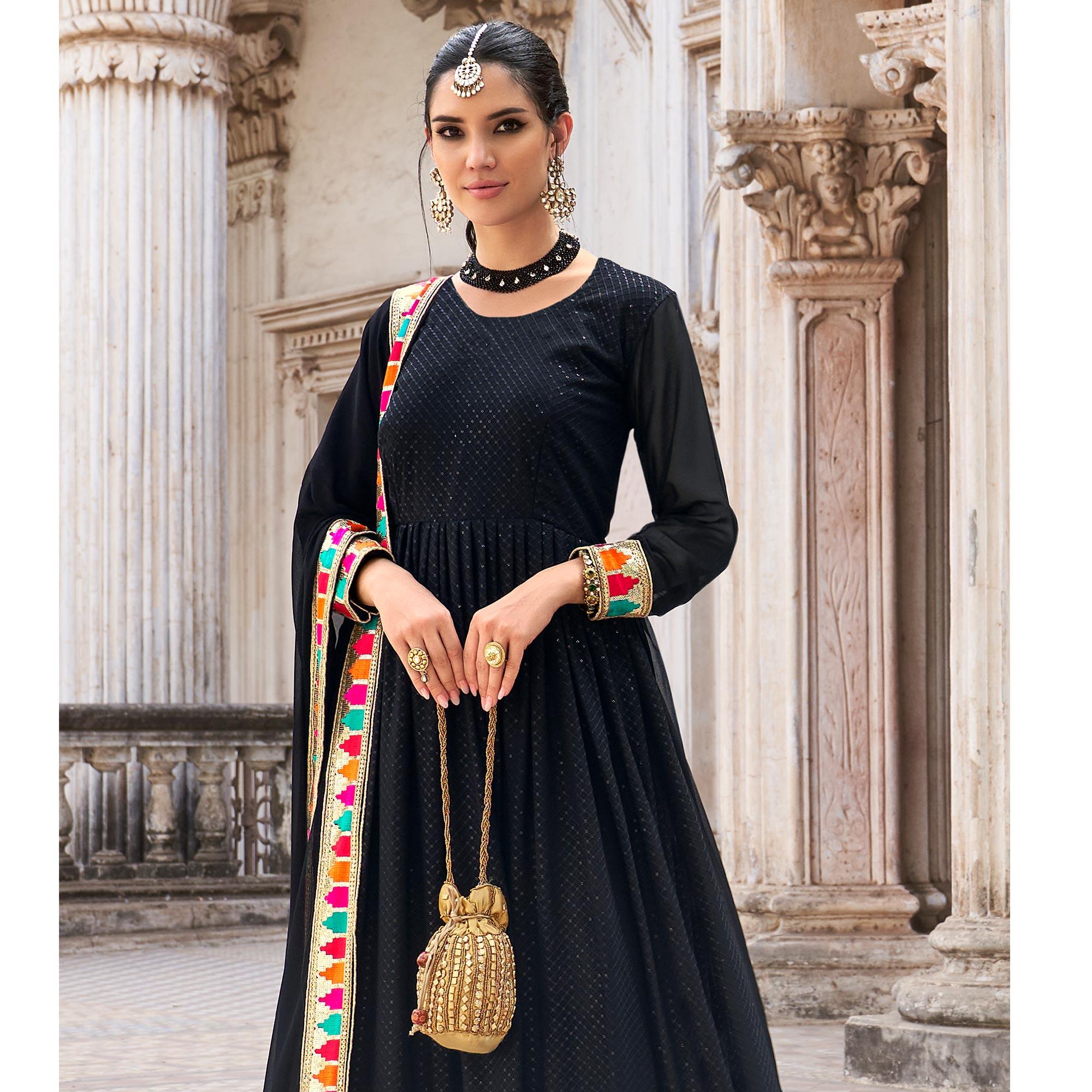 Black Sequence Embroidered Georgette Anarkali Suit - Peachmode