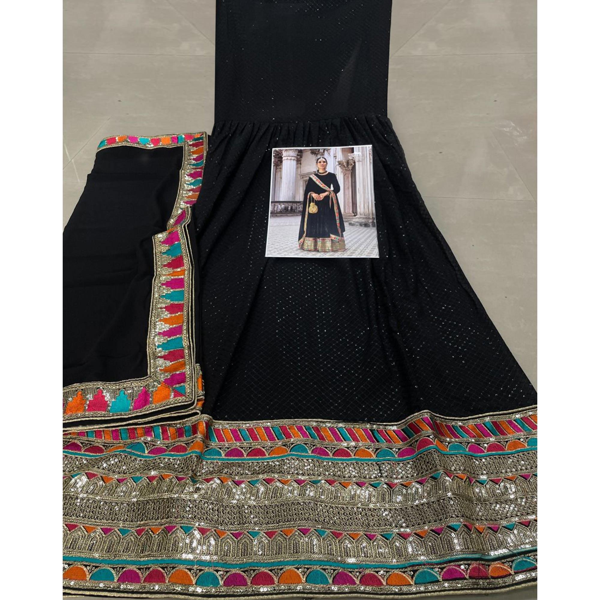 Black Sequence Embroidered Georgette Anarkali Suit - Peachmode