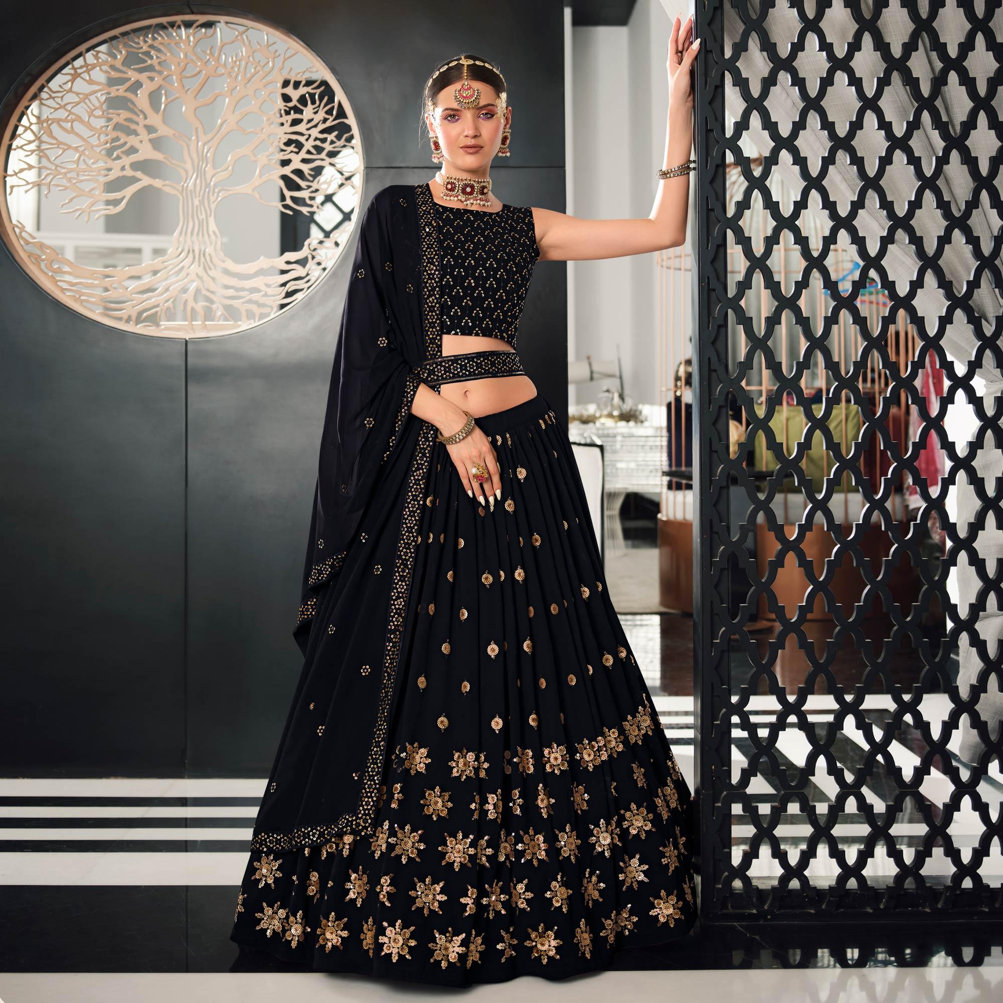 Black Sequence Embroidered Georgette Lehenga Choli - Peachmode