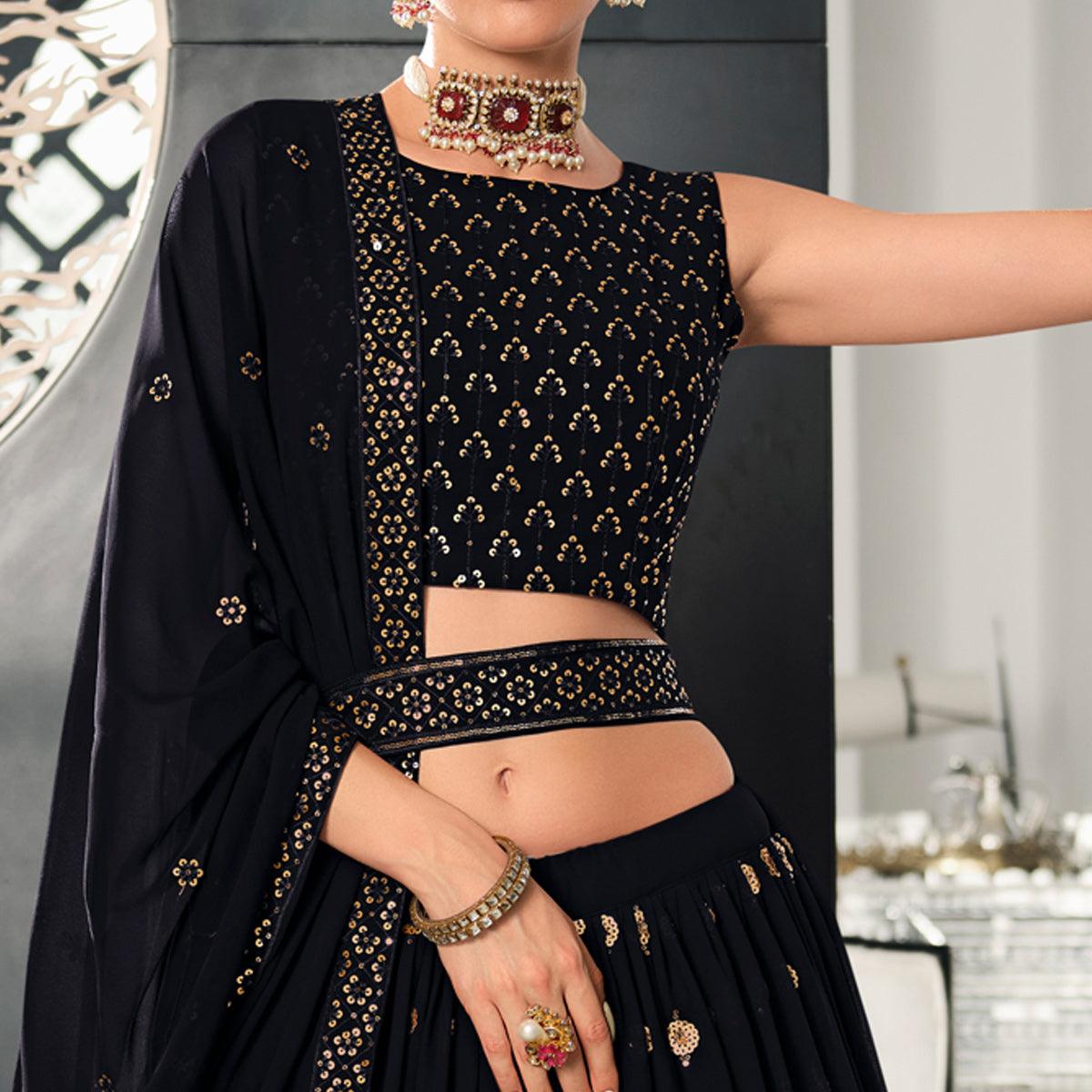 Black Sequence Embroidered Georgette Lehenga Choli - Peachmode