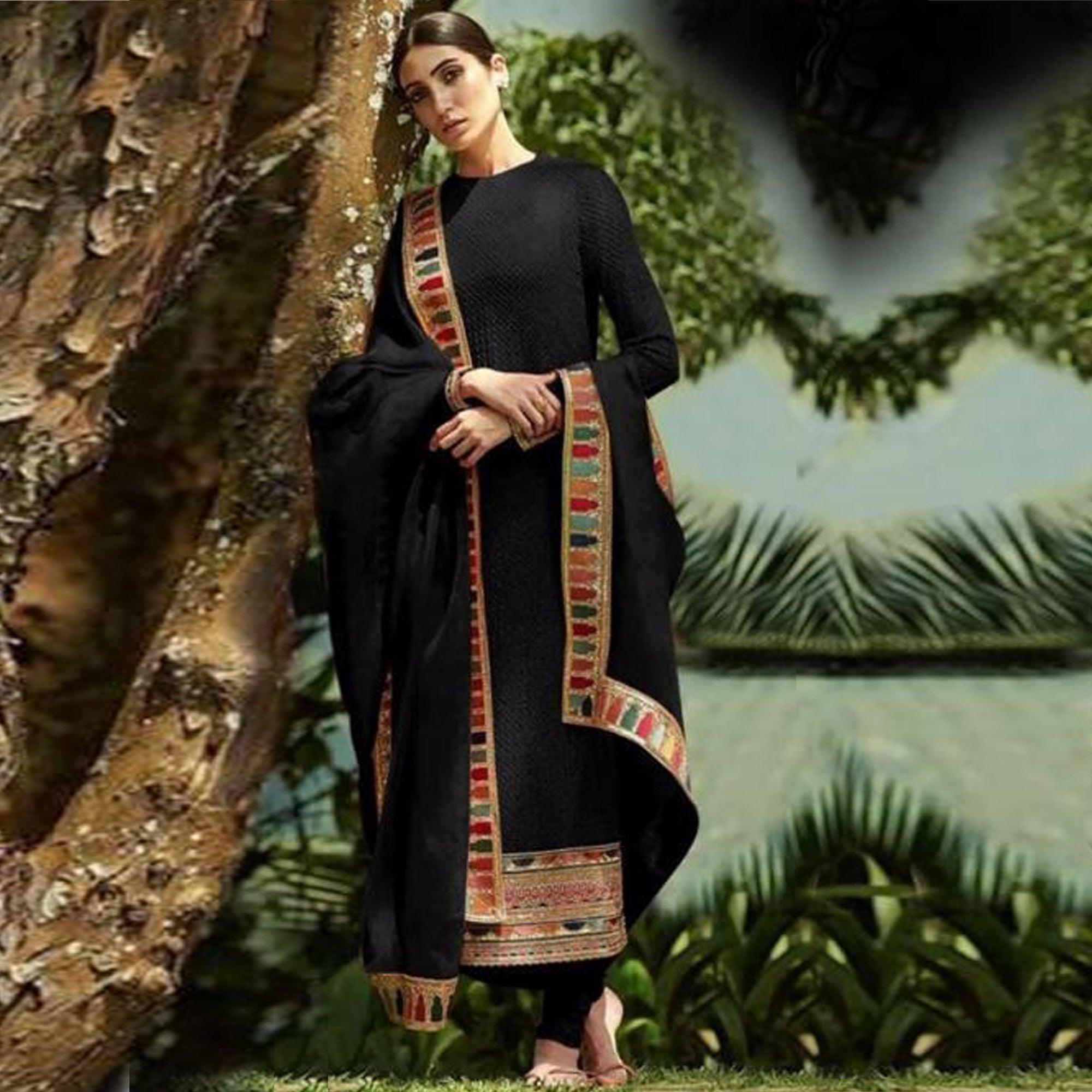 Black Sequence Embroidered Georgette Salwar Suit - Peachmode