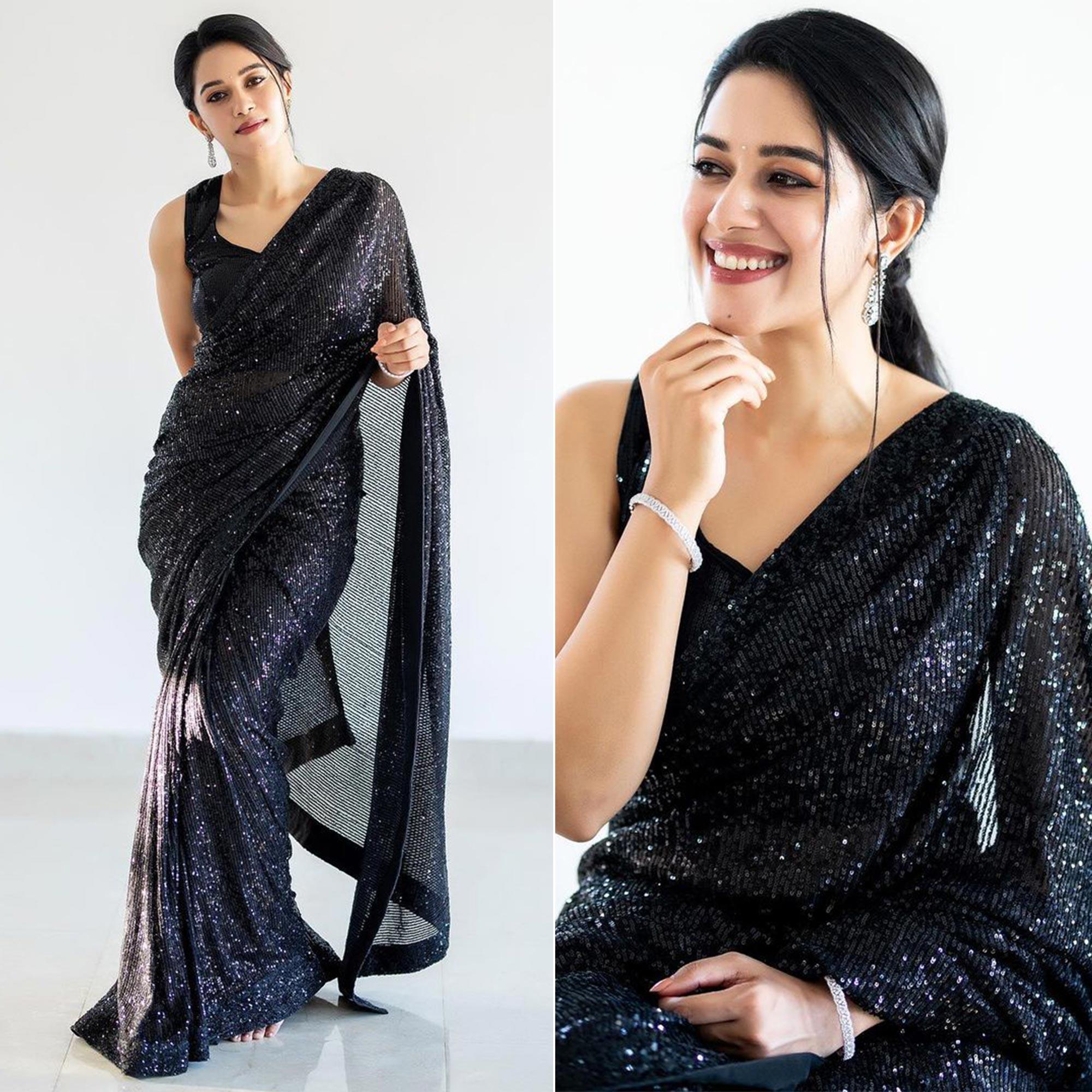 Black Sequence Embroidered Georgette Saree - Peachmode