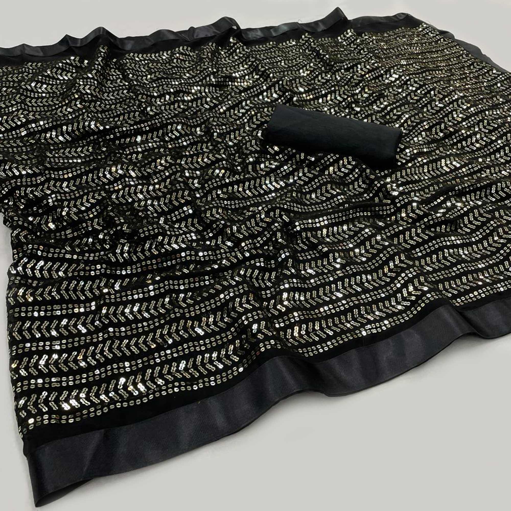 Black Sequence Embroidered Georgette Saree - Peachmode